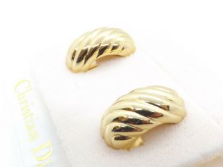 Christian Dior VTG NWT Gold Tone Ribbed Half Hoop Clip - On Earrings 2