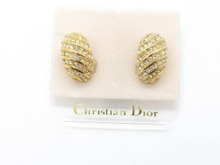 Christian Dior Vtg Nwt Gold Tone Ribbed Half Hoop Clip - On Earrings With Crystals