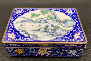 Antique Chinese Blue Enamel Hinges Box Bird And Floral Motif 5” X 3 1/4”