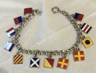 Vtg Sterling Silver & Enamel Nautical Flag Bracelet 12 Flags