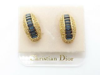 Christian Dior Vtg Nwt Gold Tone Blue & Clear Crystal Half Hoop Clip - On Earrings