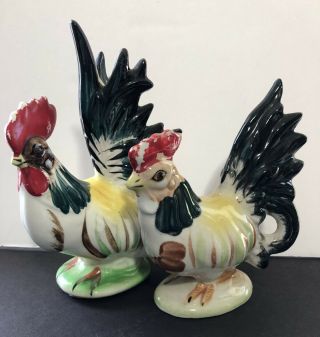 Vintage Ceramic Roosters Figurines Hand Painted Country Farmhouse