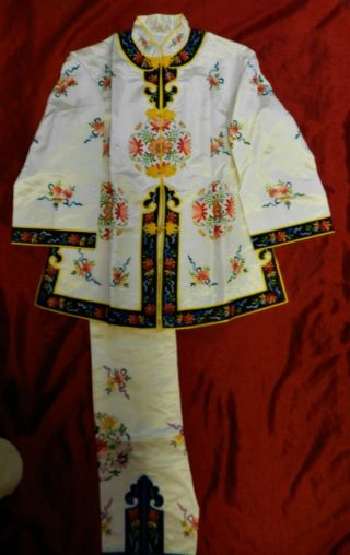 New/old Stock Old White Chinese Golden Bee & Colored Embroidered Silk 2pc Set,  L