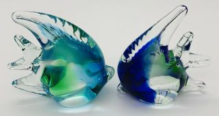 Old Vtg 2 Art Glass Colbalt Blue Green Clear Glass Fish Figurines 3.  1/2”