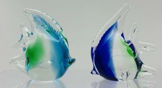 Old VTG 2 Art Glass Colbalt Blue Green Clear Glass Fish Figurines 3.  1/2” 2