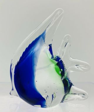 Old VTG 2 Art Glass Colbalt Blue Green Clear Glass Fish Figurines 3.  1/2” 3