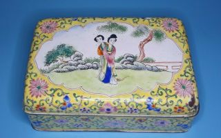 Antique Chinese Canton Enamel Porcelain Brass Geisha Tree Floral Painting China