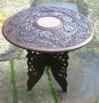 Vintage Anglo/indian Hand Carved,  Folding Wooden Side Table With Inlaid Top