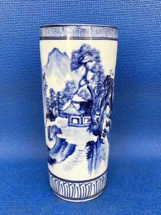 Vintage Chinese White Blue Porcelain Cylinder Vase 12”