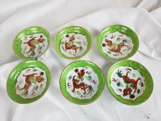 Antique Set Of 6 Chinese Dragon Porcelain Small Dishes,  3 1/2 ",  Ca.  1930s