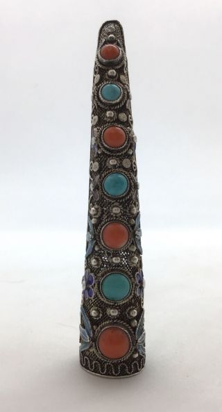 Antique Chinese Silver Enamel Finger Nail Guard Brooch Pin Coral Turquoise Round