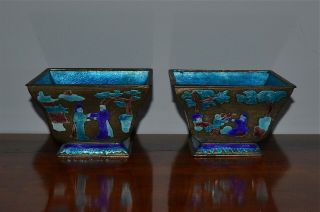Pair (2) Antique Chinese Enameled Silver Metal Square - Form Pots Jardinieres