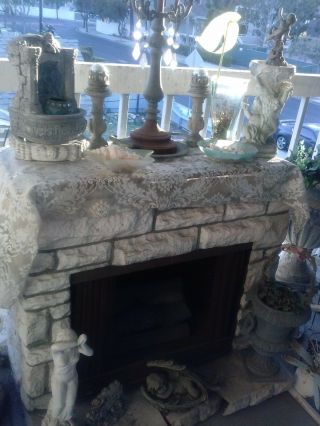 Faux Fake Vtg Fireplace Fiberglass Electric Light Logs Carve Stone Mantel Hearth