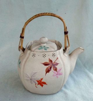 Japanese Banko Ware Teapot With Enamel Leaves Signed