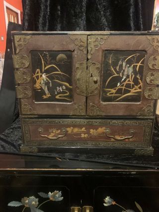 Antique Vtg Wooden Asian Chinese Japanese Jewelry Chest Box