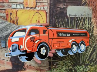 Vintage Heavy Phillips 66 Gasoline Truck Porcelain Enamel Gas Pump Station Sign