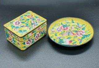 19th Century Chinese Enamel Canton Box & Dish Plate Rose Famille Butterfly Sgned