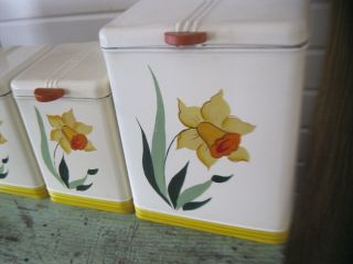 Vintage Kreamer 4 Pc Kitchen Canister Set Daffodil Bakelite Handles Reserve Tris