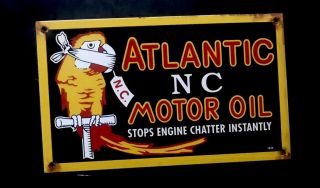 Vintage 1935 Atlantic Motor Nc Parrot Porcelain Sign Gas Oil Pump Auto Car Truck