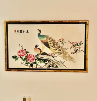 Vintage Asian Embroidered Silk Panel Satin Silk Birds Chinese