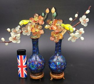 Wonderful Fine Antique Chinese Cloisonne Vases With Carved Jade Flowers