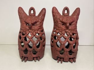 Vintage Cast Iron Owl Lantern Candle Holders Pair Red 9” Garden Hanging