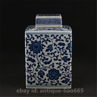 Chinese Blue White Porcelain Flower Rattan Pattern Square Tea Caddy Pot Kettle