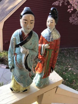 Pair Vintage Chinese Famille Rose Porcelain Man Woman Figurines 12” China