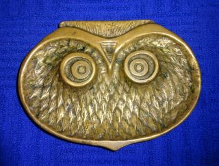 Vtg Solid Brass Owl Pin Coin Dish Trinket Tray Mcm Ashtray Arts & Crafts Footed