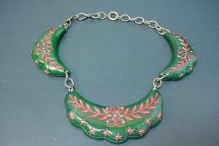Vintage Green Bakelite Necklace With Brass & Red Painted Design