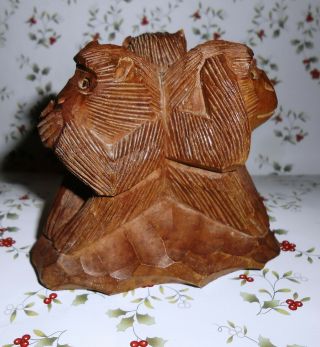 Vintage Three Wise Monkeys Figurine,  Carved Wood,  Sitting Back To Back,  Circular