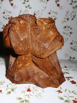 Vintage Three Wise Monkeys Figurine,  Carved Wood,  Sitting Back to Back,  Circular 2