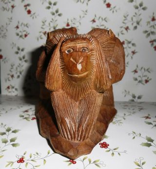 Vintage Three Wise Monkeys Figurine,  Carved Wood,  Sitting Back to Back,  Circular 3
