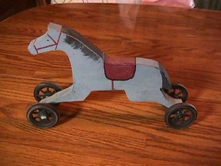 Hand Made Wood Horse On Wheels 10 " Long
