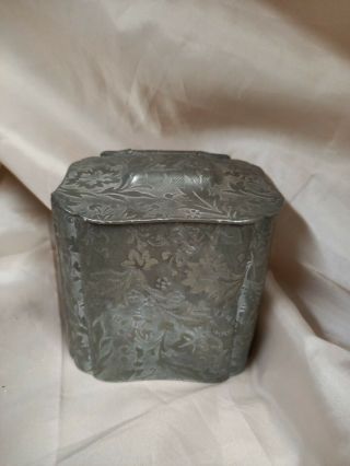 Antique Chinese Pewter Tea Caddy Canister Signed Decorative Floral Early