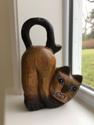 Vintage Cat Kitten Figurine Statue Hand - Carved Wood Carving Rustic Folk Art Euc