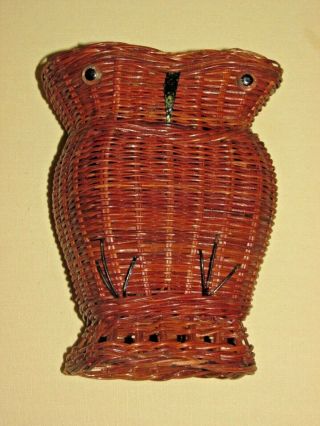 Vintage Owl Shaped Wicker Basket/vase 6 " Tall Can Be Hung With Hole In Back Po