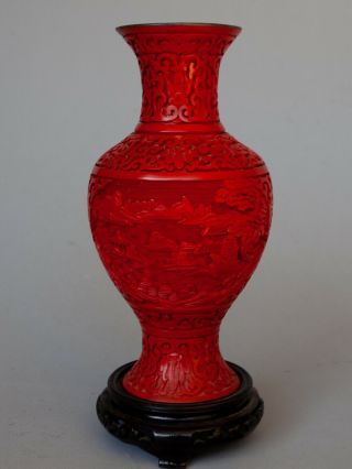 Vintage Chinese Carved Red Cinnabar Lacquer Jar Vase Landscape Scene W/ Stand 8 "