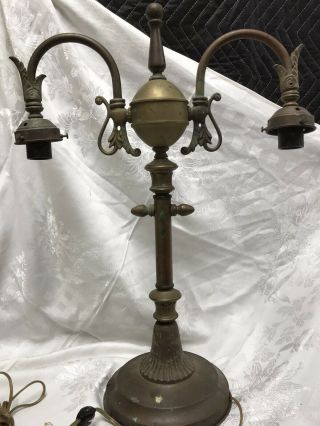 Rare Unusual Antique Vtg Brass Table Lamp Art Deco 2 Arm Desk Student 22”x16”