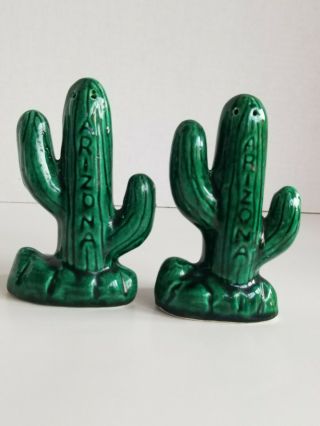 Vintage Arizona Souvenir Cactus Salt And Pepper Shakers Green Ceramic