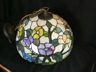 Vintage Antique Tiffany Style Leaded Slag Glass Hanging Light Fixture Flowers