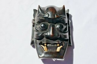 Vintage Japanese Mask Oni Demon Devil Wood Hand Carved Reel Teeth 6 3/4h