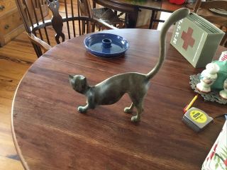 Vintage Large Brass Cat Figurine Long Tail Up Tall Mid Century Modern Mcm 15”
