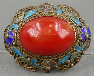 Antique Chinese Carved Red Coral Gold Gilt Silver Filigree & Enamel Brooch Pin