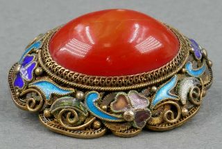 Antique Chinese Carved Red Coral Gold Gilt Silver Filigree & Enamel Brooch Pin 2