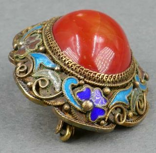 Antique Chinese Carved Red Coral Gold Gilt Silver Filigree & Enamel Brooch Pin 3