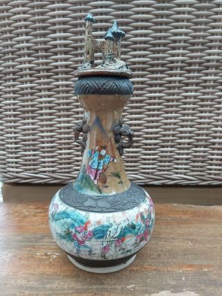 Mid 20th Century Chinese Crackle Glaze Lidded Vase - Warrior Scene