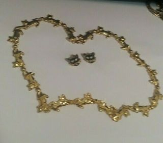 Avon Cat Link Goldtone Necklace & Black Enamel Cat Face Post Pierced Earrings