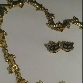 AVON cat link goldtone necklace & black enamel cat face post pierced earrings 2