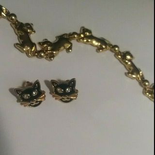 AVON cat link goldtone necklace & black enamel cat face post pierced earrings 3